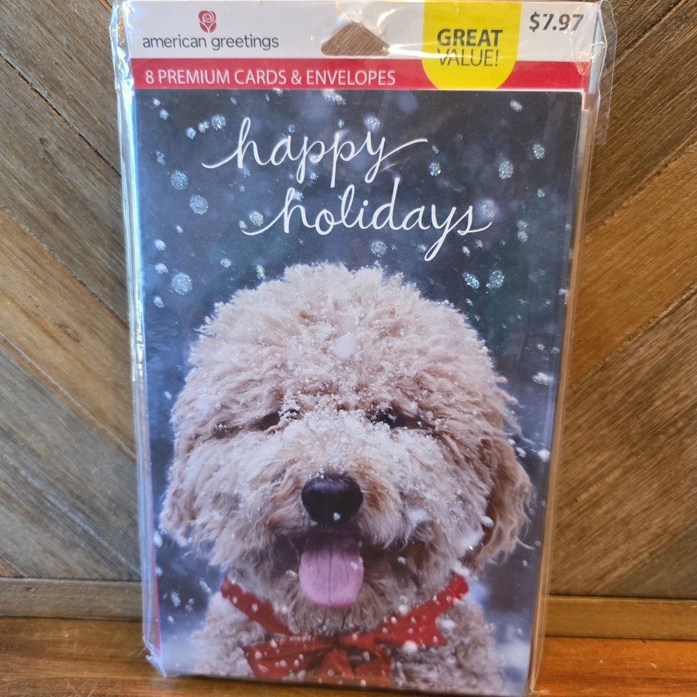 American Greetings Happy Holidays 8 Cards & Envelopes Dog Glitter Festive